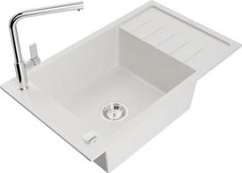 Granitinė virtuvinė plautuvė Mexen Elias su maišytuvu ir sifonu, White+Chrome