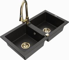 Granitinė virtuvinė plautuvė Mexen Mario su maišytuvu ir sifonu, Metallic black/silver+Gold