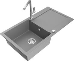 Granitinė virtuvinė plautuvė Mexen Leo su maišytuvu ir sifonu, Grey+Grey/Chrome
