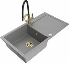 Granitinė virtuvinė plautuvė Mexen Leo su maišytuvu ir sifonu, Grey+Black/Gold