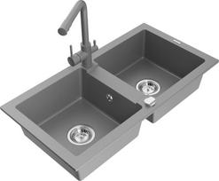 Granitinė virtuvinė plautuvė Mexen Mario su maišytuvu ir sifonu, Grey