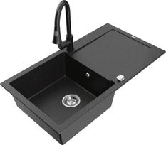 Granitinė virtuvinė plautuvė Mexen Leo su maišytuvu ir sifonu, Metallic black/silver+Black