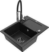 Granitinė virtuvinė plautuvė Mexen Enzo su maišytuvu ir sifonu, Metallic black/silver+Black/Chrome