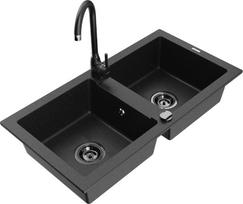Granitinė virtuvinė plautuvė Mexen Mario su maišytuvu ir sifonu, Metallic black/silver+Black