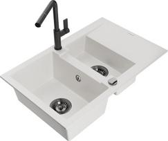 Granitinė virtuvinė plautuvė Mexen Gaspar su maišytuvu ir sifonu, White+Black