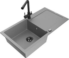 Granitinė virtuvinė plautuvė Mexen Leo su maišytuvu ir sifonu, Grey+Black