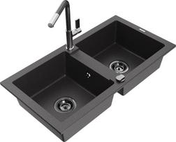 Granitinė virtuvinė plautuvė Mexen Mario su maišytuvu ir sifonu, Black granite+Black granite/Chrome