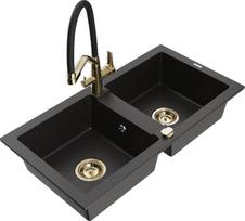 Granitinė virtuvinė plautuvė Mexen Mario su maišytuvu ir sifonu, Metallic black/silver+Black/Gold