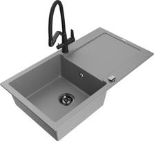 Granitinė virtuvinė plautuvė Mexen Leo su maišytuvu ir sifonu, Grey+Black