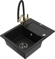 Granitinė virtuvinė plautuvė Mexen Enzo su maišytuvu ir sifonu, Black+Black/Gold