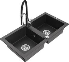 Granitinė virtuvinė plautuvė Mexen Mario su maišytuvu ir sifonu, Black granite+Black/Chrome