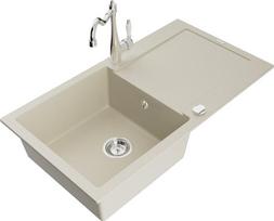 Granitinė virtuvinė plautuvė Mexen Leo su maišytuvu ir sifonu, Beige+Chrome