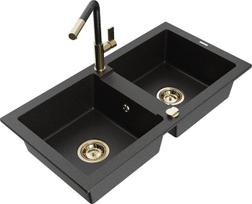 Granitinė virtuvinė plautuvė Mexen Mario su maišytuvu ir sifonu, Metallic black/silver+Black/Gold