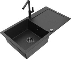 Granitinė virtuvinė plautuvė Mexen Leo su maišytuvu ir sifonu, Metallic black/silver+Black
