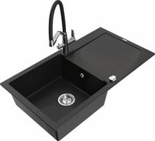 Granitinė virtuvinė plautuvė Mexen Leo su maišytuvu ir sifonu, Black+Black/Chrome