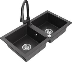 Granitinė virtuvinė plautuvė Mexen Mario su maišytuvu ir sifonu, Black granite