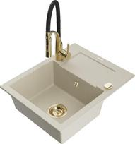 Granitinė virtuvinė plautuvė Mexen Enzo su maišytuvu ir sifonu, Beige+Black/Gold