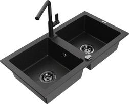 Granitinė virtuvinė plautuvė Mexen Mario su maišytuvu ir sifonu, Metallic black/silver+Black