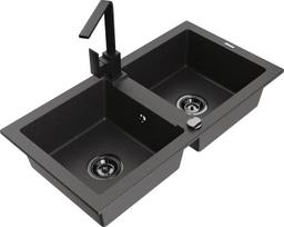 Granitinė virtuvinė plautuvė Mexen Mario su maišytuvu ir sifonu, Black granite+Black
