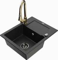 Granitinė virtuvinė plautuvė Mexen Enzo su maišytuvu ir sifonu, Metallic black/gold+Gold