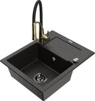 Granitinė virtuvinė plautuvė Mexen Enzo su maišytuvu ir sifonu, Metallic black/gold+Black/Gold