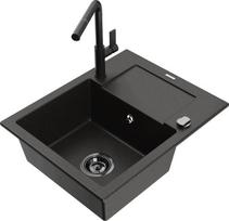 Granitinė virtuvinė plautuvė Mexen Enzo su maišytuvu ir sifonu, Metallic black/gold+Black