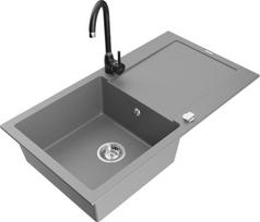 Granitinė virtuvinė plautuvė Mexen Leo su maišytuvu ir sifonu, Grey+Black