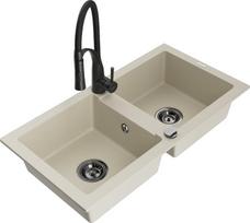 Granitinė virtuvinė plautuvė Mexen Mario su maišytuvu ir sifonu, Beige+Black