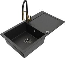 Granitinė virtuvinė plautuvė Mexen Leo su maišytuvu ir sifonu, Metallic black/silver+Black/Gold