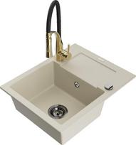 Granitinė virtuvinė plautuvė Mexen Enzo su maišytuvu ir sifonu, Beige+Black/Gold