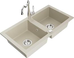 Granitinė virtuvinė plautuvė Mexen Mario su maišytuvu ir sifonu, Beige+Chrome