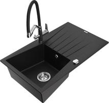 Granitinė virtuvinė plautuvė Mexen Cesar su maišytuvu ir sifonu, Black+Black/Chrome