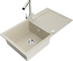 Granitinė virtuvinė plautuvė Mexen Leo su maišytuvu ir sifonu, Beige+Chrome