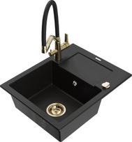 Granitinė virtuvinė plautuvė Mexen Enzo su maišytuvu ir sifonu, Black+Black/Gold