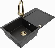 Granitinė virtuvinė plautuvė Mexen Leo su maišytuvu ir sifonu, Metallic black/silver+Gold