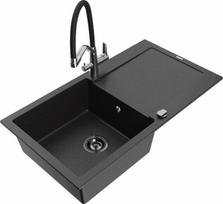 Granitinė virtuvinė plautuvė Mexen Leo su maišytuvu ir sifonu, Metallic black/silver+Black/Chrome
