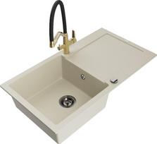 Granitinė virtuvinė plautuvė Mexen Leo su maišytuvu ir sifonu, Beige+Black/Gold