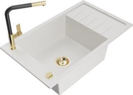Granitinė virtuvinė plautuvė Mexen Elias su maišytuvu ir sifonu, White+Black/Gold