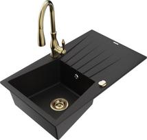 Granitinė virtuvinė plautuvė Mexen Cesar su maišytuvu ir sifonu, Black+Gold