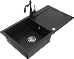 Granitinė virtuvinė plautuvė Mexen Leo su maišytuvu ir sifonu, Black