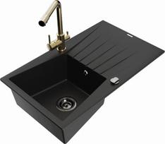 Granitinė virtuvinė plautuvė Mexen Cesar su maišytuvu ir sifonu, Black+Gold