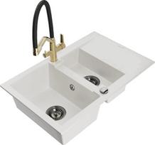 Granitinė virtuvinė plautuvė Mexen Gaspar su maišytuvu ir sifonu, White+Black/Gold