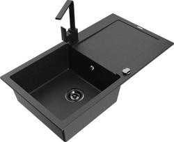 Granitinė virtuvinė plautuvė Mexen Leo su maišytuvu ir sifonu, Metallic black/silver+Black