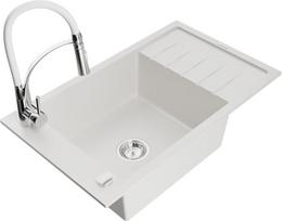 Granitinė virtuvinė plautuvė Mexen Elias su maišytuvu ir sifonu, White+White/Chrome