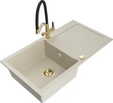Granitinė virtuvinė plautuvė Mexen Leo su maišytuvu ir sifonu, Beige+Black/Gold