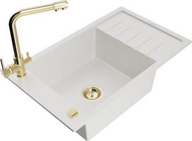 Granitinė virtuvinė plautuvė Mexen Elias su maišytuvu ir sifonu, White+Gold