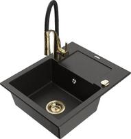 Granitinė virtuvinė plautuvė Mexen Enzo su maišytuvu ir sifonu, Metallic black/gold+Black/Gold