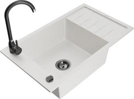 Granitinė virtuvinė plautuvė Mexen Elias su maišytuvu ir sifonu, White+Black