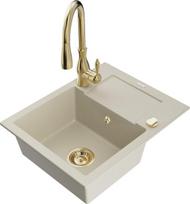 Granitinė virtuvinė plautuvė Mexen Enzo su maišytuvu ir sifonu, Beige+Gold