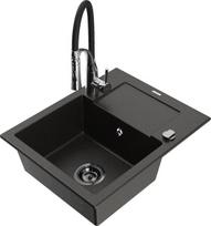 Granitinė virtuvinė plautuvė Mexen Enzo su maišytuvu ir sifonu, Metallic black/gold+Black/Chrome